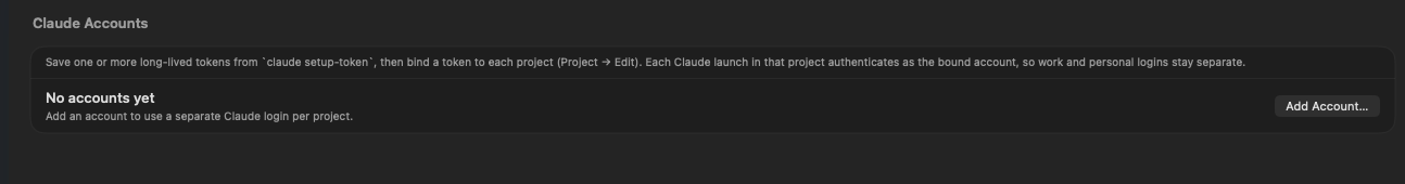 Settings panel binding one Claude account per project