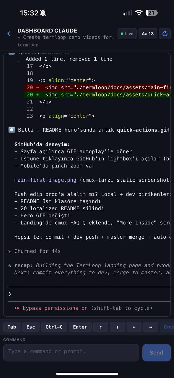 Live agent terminal session viewed from the iOS app