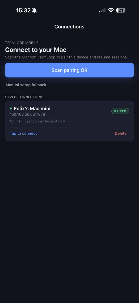 iOS app pairing screen connecting to a Mac