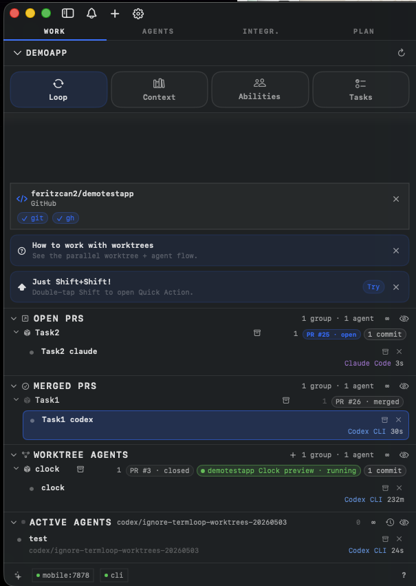 TermLoop sidebar showing worktree agents, open and merged PRs